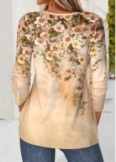 Floral Print Curved Hem Light Coffee T Shirt