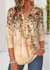 Floral Print Curved Hem Light Coffee T Shirt