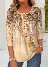 Floral Print Curved Hem Light Coffee T Shirt