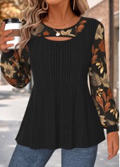 Floral Print Layered Black Long Sleeve T Shirt