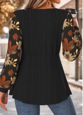 Floral Print Layered Black Long Sleeve T Shirt