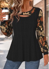 Floral Print Layered Black Long Sleeve T Shirt