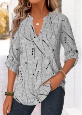 Geometric Print Curved Hem Light Grey Marl Shirt