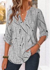 Geometric Print Curved Hem Light Grey Marl Shirt