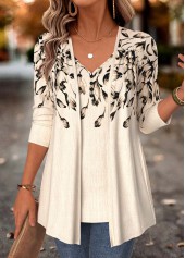 Floral Print Beige Fake Two Piece Twinset