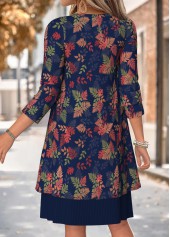 Leaf Print Two-piece Navy Long Sleeve Dress and Cardigan