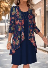 Leaf Print Two-piece Navy Long Sleeve Dress and Cardigan