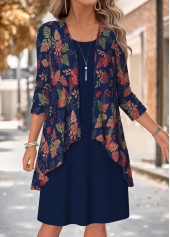 Leaf Print Two-piece Navy Long Sleeve Dress and Cardigan