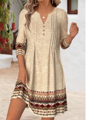 Tribal Print Tuck Stitch Light Camel Short Dress