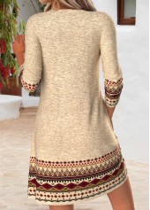 Tribal Print Tuck Stitch Light Camel Short Dress