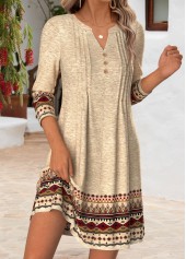 Tribal Print Tuck Stitch Light Camel Short Dress