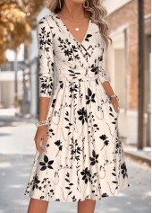 Leaf Print Shirred Beige Long Sleeve V Neck Dress