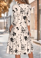Leaf Print Shirred Beige Long Sleeve V Neck Dress