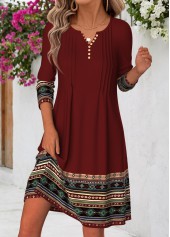 Tribal Print Tuck Stitch Deep Red Short Dress