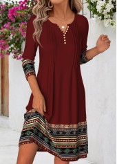 Tribal Print Tuck Stitch Deep Red Short Dress
