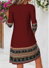 Tribal Print Tuck Stitch Deep Red Short Dress