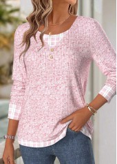 Plaid Light Blue Long Sleeve V Neck T Shirt