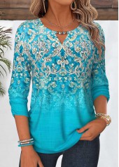 Tribal Print Shirred Cyan 3/4 Sleeve Blouse