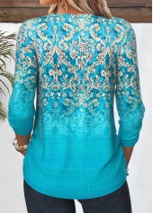 Tribal Print Shirred Cyan 3/4 Sleeve Blouse