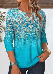 Tribal Print Shirred Cyan 3/4 Sleeve Blouse