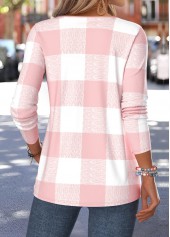 Plaid Curved Hem Light Pink Long Sleeve T Shirt
