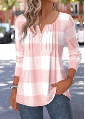 Plaid Curved Hem Light Pink Long Sleeve T Shirt