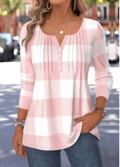 Plaid Curved Hem Light Pink Long Sleeve T Shirt