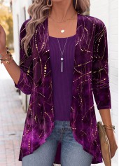 Geometric Print Purple Long Sleeve Fake Two Piece Twinset