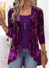 Geometric Print Purple Long Sleeve Fake Two Piece Twinset