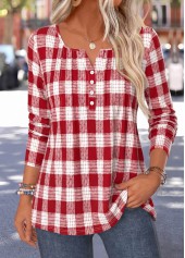 Plaid Curved Hem Red Long Sleeve T Shirt