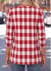 Plaid Curved Hem Red Long Sleeve T Shirt