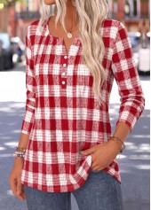 Plaid Curved Hem Red Long Sleeve T Shirt