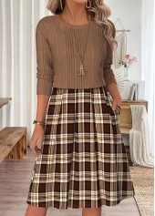 Plaid Patchwork Light Coffee Long Sleeve Round Neck Dress