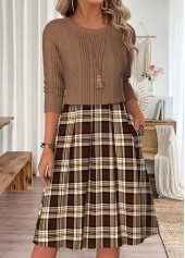 Plaid Patchwork Light Coffee Long Sleeve Round Neck Dress
