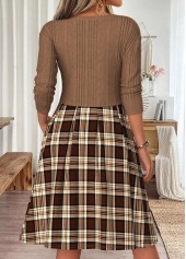 Plaid Patchwork Light Coffee Long Sleeve Round Neck Dress