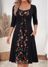 Floral Print Fake 2in1 Black Long Sleeve Dress