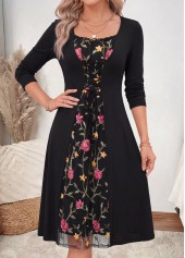 Floral Print Fake 2in1 Black Long Sleeve Dress