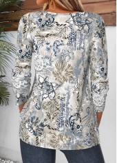 Tribal Print Curved Hem Multi Color T Shirt