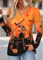 Halloween Shirred Orange Long Sleeve V Neck T Shirt