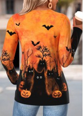 Halloween Shirred Orange Long Sleeve V Neck T Shirt