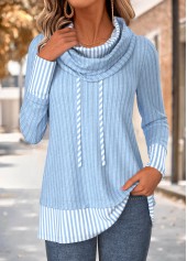 Striped Fake 2in1 Light Blue Long Sleeve Sweatshirt