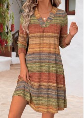 Multi Stripe Print Tummy Coverage Short Long Sleeve Dress