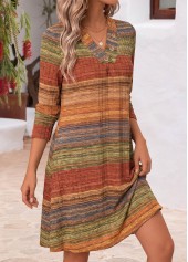 Multi Stripe Print Tummy Coverage Short Long Sleeve Dress