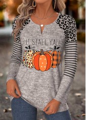 Halloween Curved Hem Gray Brown Long Sleeve T Shirt