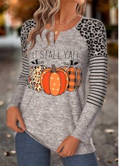 Halloween Curved Hem Gray Brown Long Sleeve T Shirt