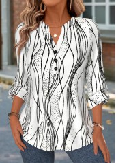 Striped Curved Hem White Long Sleeve Split Neck Shirt