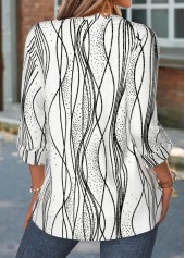Striped Curved Hem White Long Sleeve Split Neck Shirt