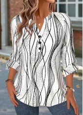 Striped Curved Hem White Long Sleeve Split Neck Shirt
