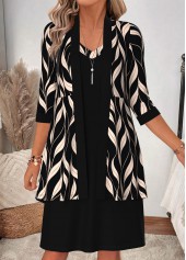 Leaf Print Two-piece Black 3/4 Sleeve Dress and Cardigan