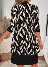 Leaf Print Two-piece Black 3/4 Sleeve Dress and Cardigan